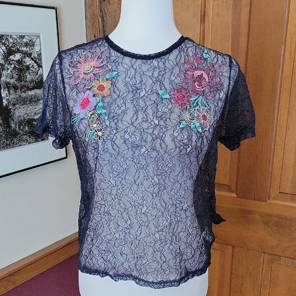 ZARA Floral Embroidered Stretch Lace Top